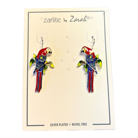 Zarah Greenwing Macaw Dangle Earrings Sterling Silver Plated Parrot Bird - Picture 4 of 5